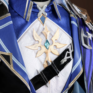 Genshin Impact Lohen cosplay costume centers a gold-tone emblem on a white chest panel framed by blue textured lapel layers.