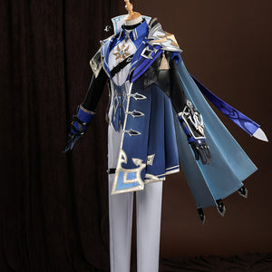 Genshin Impact Lohen cosplay costume layers a blue coat over white trousers and secures armored guards upon the sleeves.