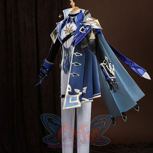 Genshin Impact Lohen cosplay costume layers a blue coat over white trousers and secures armored guards upon the sleeves.