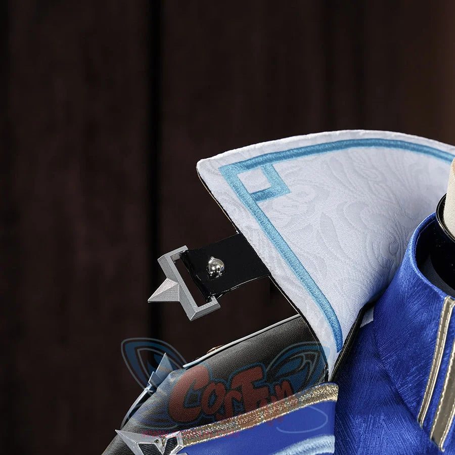 Genshin Impact Lohen cosplay costume layers a white jacquard collar over a blue satin coat anchored by a metallic star clip.