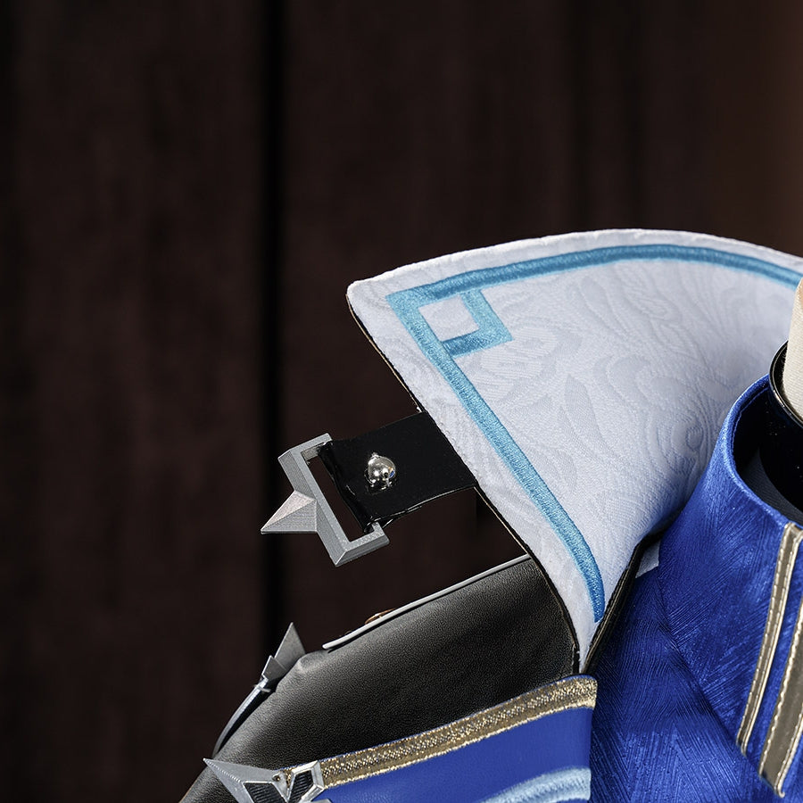 Genshin Impact Lohen cosplay costume layers a white jacquard collar over a blue satin coat anchored by a metallic star clip.