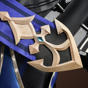 Genshin Impact Lohen cosplay costume layers a sculpted gold-tone crest accent over blue striped fabric and black leather.