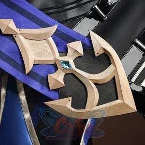 Genshin Impact Lohen cosplay costume layers a sculpted gold-tone crest accent over blue striped fabric and black leather.