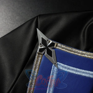 Genshin Impact Lohen cosplay costume layers a metallic star accent over embroidered blue trim and matte black fabric.