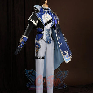 Genshin Impact Lohen cosplay costume layers a blue coat over white pants and matches intricate metallic guard detailing.