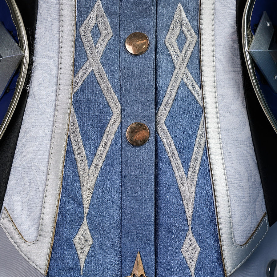 Genshin Impact Lohen cosplay costume fabric centers diamond embroidery patterns and metallic buttons on a blue panel.
