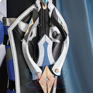 Genshin Impact Lohen cosplay costume knee guard armor centers rigid metallic layers over dark leather fabric textures.