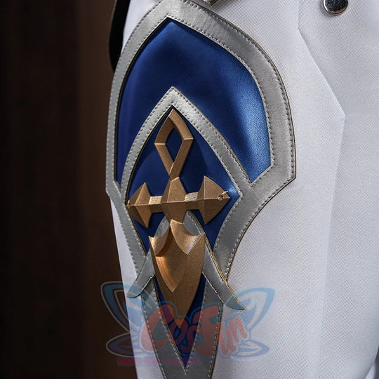 Genshin Impact Lohen cosplay costume knee guard detail layers a blue geometric panel beneath a rigid gold-tone cross emblem.