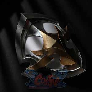 Genshin Impact Lohen cosplay costume knee guard centers a structured metallic piece layered in gold-tone and silver-tone.