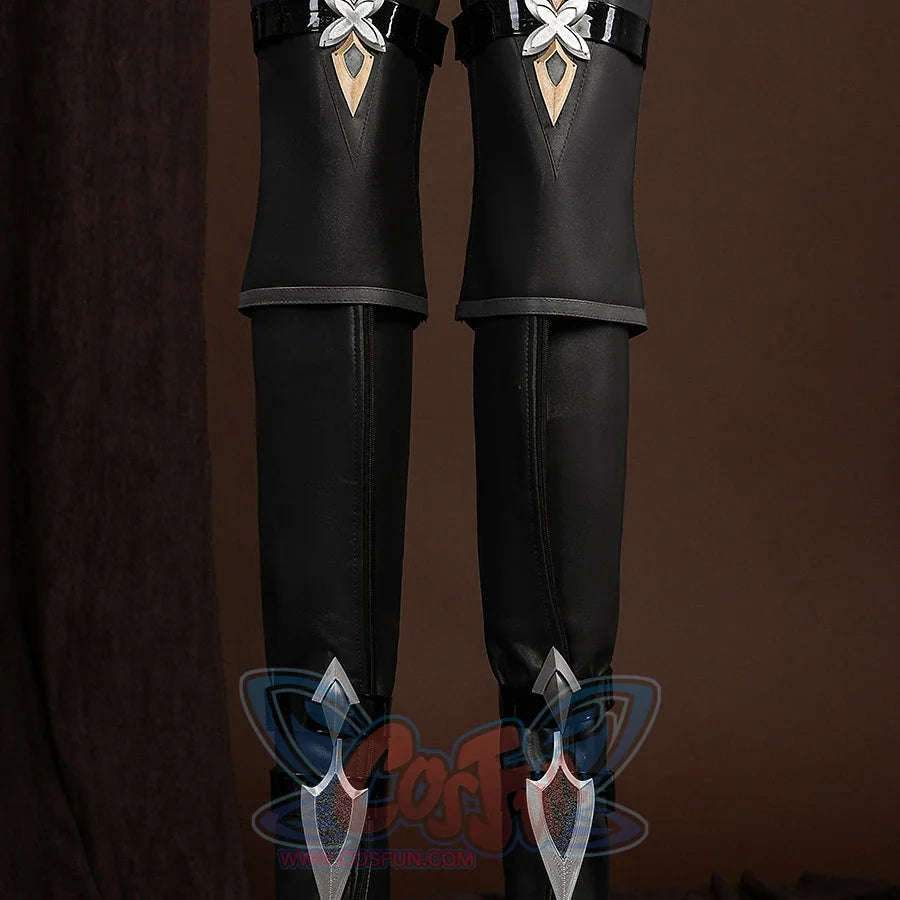 Genshin Impact Lohen cosplay costume leg covers integrate metallic knee guards plus sharp decorative calf straps downward.