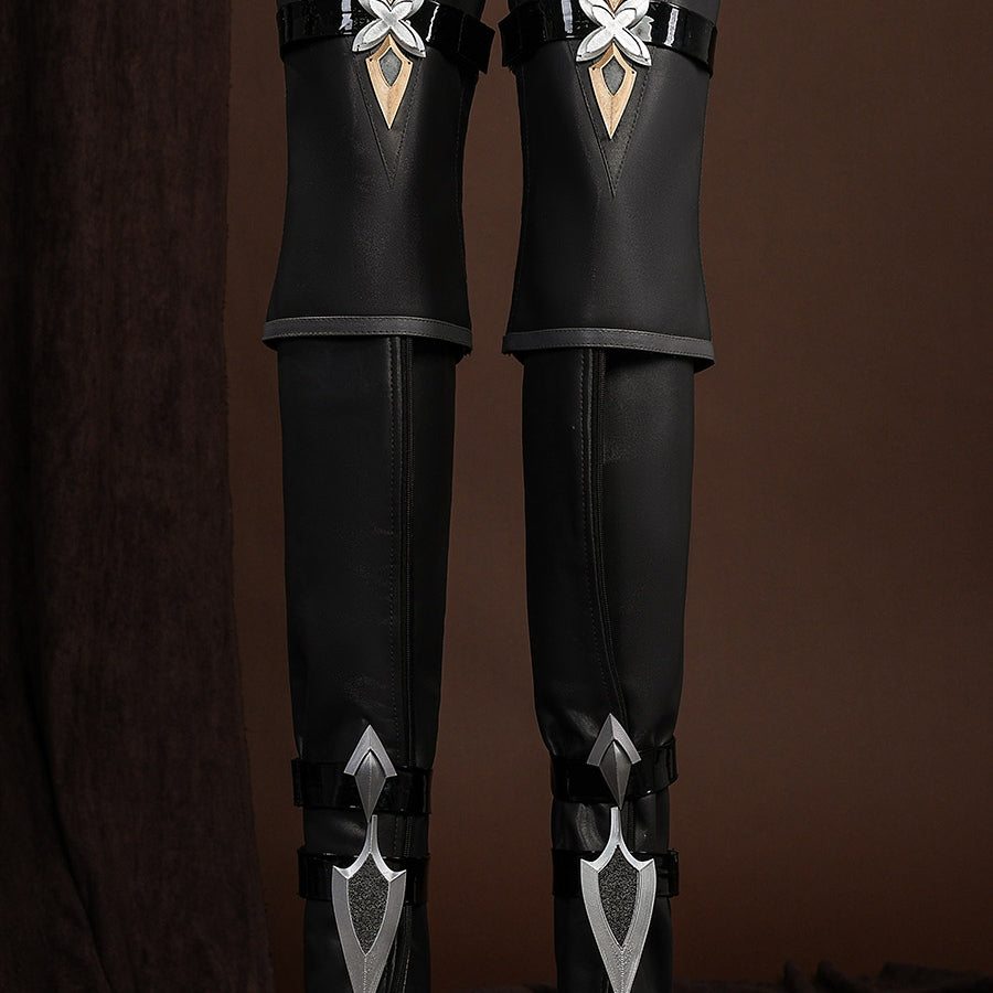 Genshin Impact Lohen cosplay costume leg covers integrate metallic knee guards plus sharp decorative calf straps downward.