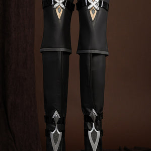 Genshin Impact Lohen cosplay costume leg covers integrate metallic knee guards plus sharp decorative calf straps downward.