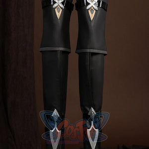 Genshin Impact Lohen cosplay costume leg covers integrate metallic knee guards plus sharp decorative calf straps downward.