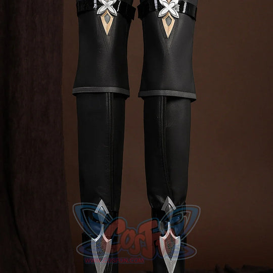Genshin Impact Lohen cosplay costume leg covers integrate metallic knee guards plus sharp decorative calf straps downward.