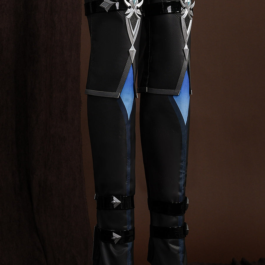 Genshin Impact Lohen cosplay costume leg covers set blue fabric panels under silver-tone knee guards beside buckled straps.