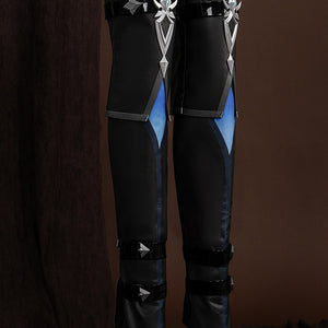 Genshin Impact Lohen cosplay costume leg covers set blue fabric panels under silver-tone knee guards beside buckled straps.