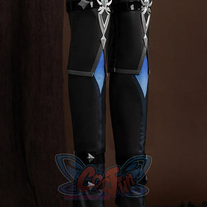 Genshin Impact Lohen cosplay costume leg covers set blue fabric panels under silver-tone knee guards beside buckled straps.
