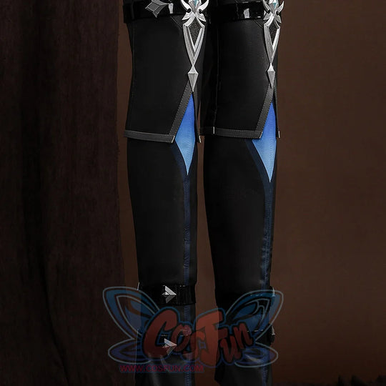 Genshin Impact Lohen cosplay costume leg covers set blue fabric panels under silver-tone knee guards beside buckled straps.