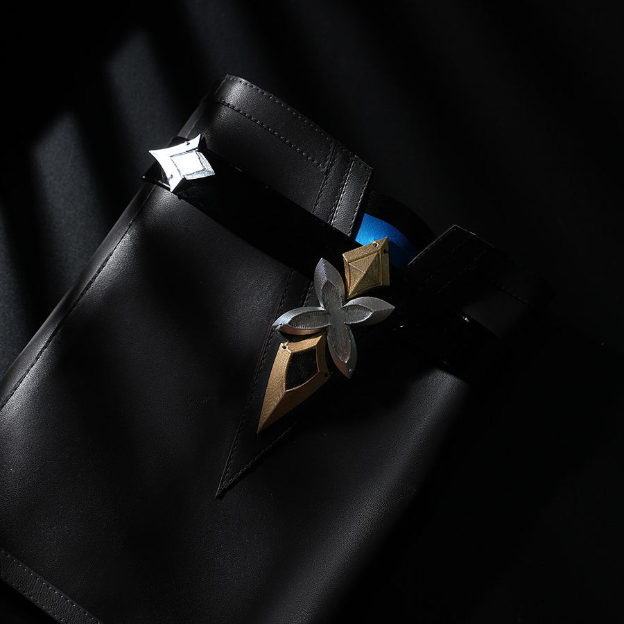 Genshin Impact Lohen cosplay costume leg guard captures the gold-tone and silver-tone floral ornamentation.