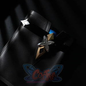 Genshin Impact Lohen cosplay costume leg guard captures the gold-tone and silver-tone floral ornamentation.