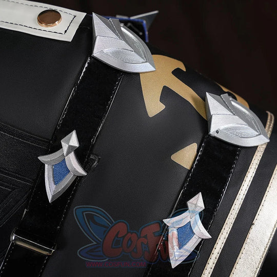 Genshin Impact Lohen cosplay costume layers faux leather straps over printed fabric while silver-tone shield decor anchors.