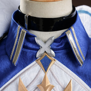 Genshin Impact Lohen cosplay costume layers a blue collar beneath black choker strap centered by a silver-tone cross emblem.