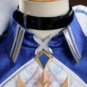 Genshin Impact Lohen cosplay costume layers a blue collar beneath black choker strap centered by a silver-tone cross emblem.