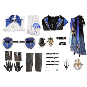 Genshin Impact Lohen cosplay costume organizes the various fabric layers and armor pieces across a flat lay.