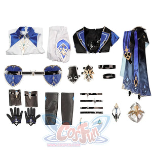 Genshin Impact Lohen cosplay costume organizes the various fabric layers and armor pieces across a flat lay.