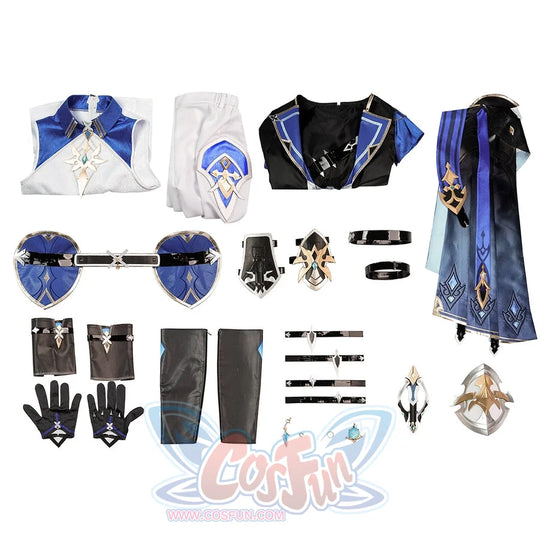Genshin Impact Lohen cosplay costume organizes the various fabric layers and armor pieces across a flat lay.