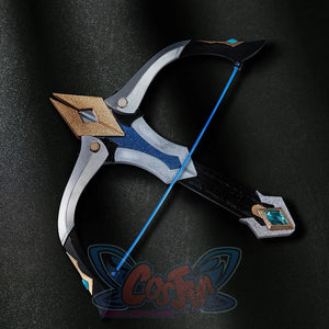 Genshin Impact Lohen cosplay costume prop bow frames a metallic bow body that centers a blue string and gem-like detail.