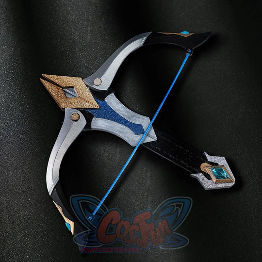 Genshin Impact Lohen cosplay costume prop bow frames a metallic bow body that centers a blue string and gem-like detail.
