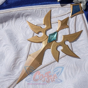 Genshin Impact Lohen cosplay costume accessory sits atop textured white jacquard fabric anchored by a blue gem-like center.