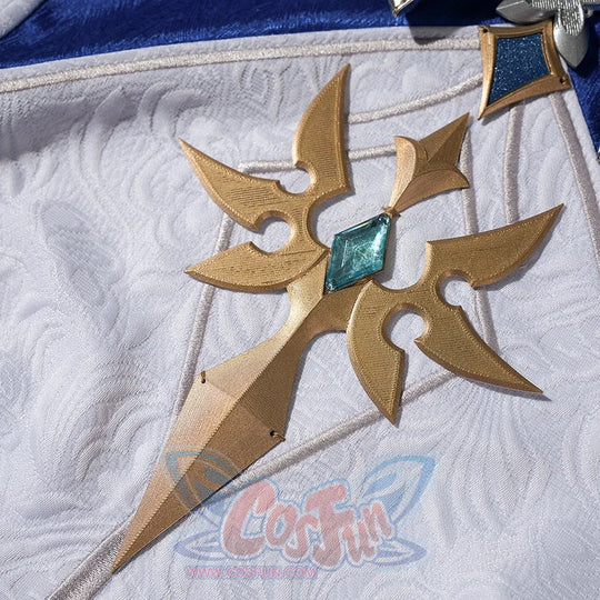 Genshin Impact Lohen cosplay costume accessory sits atop textured white jacquard fabric anchored by a blue gem-like center.
