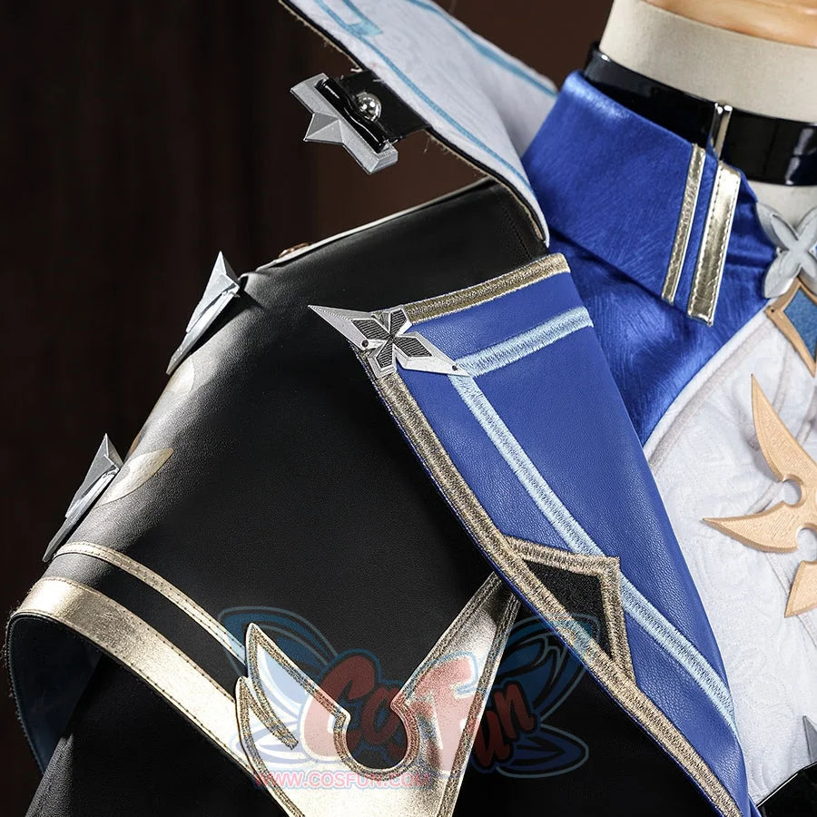 Genshin Impact Lohen cosplay costume layers matte faux leather shoulder guards accented by metallic star shaped emblems.