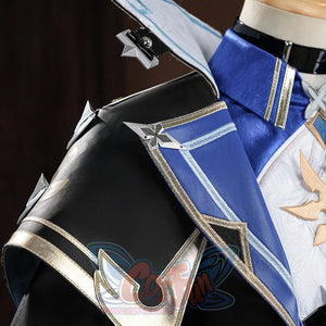 Genshin Impact Lohen cosplay costume layers matte faux leather shoulder guards accented by metallic star shaped emblems.