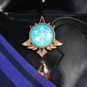 Genshin Impact Lohen cosplay costume vision accessory centers a blue star emblem within a winged bronze metal frame.