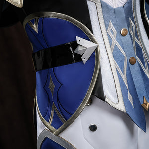 Genshin Impact Lohen cosplay costume layers blue faux leather panels and metallic accents over the white garment base.