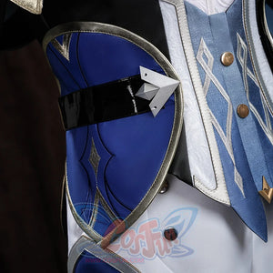 Genshin Impact Lohen cosplay costume layers blue faux leather panels and metallic accents over the white garment base.