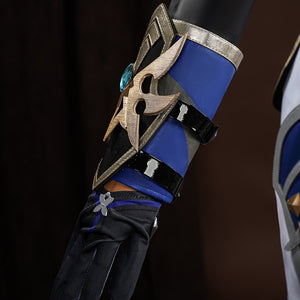 Genshin Impact Lohen cosplay costume wrist guard armor piece gathers blue fabric under gold-tone wing accents.