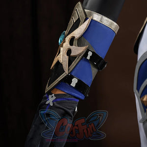 Genshin Impact Lohen cosplay costume wrist guard armor piece gathers blue fabric under gold-tone wing accents.