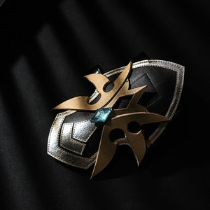 Genshin Impact Lohen cosplay costume wrist guard piece traces gold-tone layers around a central blue gem-like accent detail.