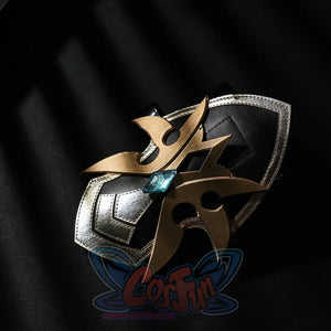 Genshin Impact Lohen cosplay costume wrist guard piece traces gold-tone layers around a central blue gem-like accent detail.