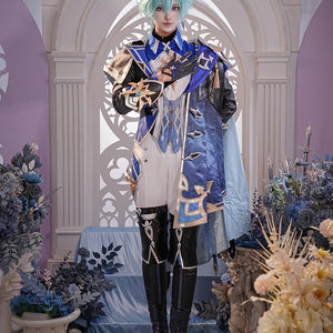 Genshin Impact Lohen cosplay costume blue layered coat cape and ornate arm guards.