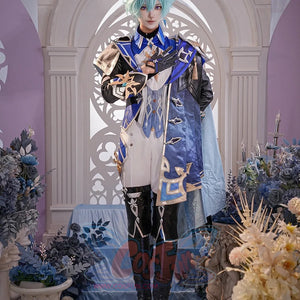 Genshin Impact Lohen cosplay costume blue layered coat cape and ornate arm guards.