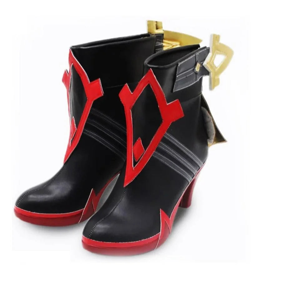 COSFUN Genshin Impact Mavuika cosplay boots layer red angular trim over black PU shafts and gold-tone heel ornaments.
