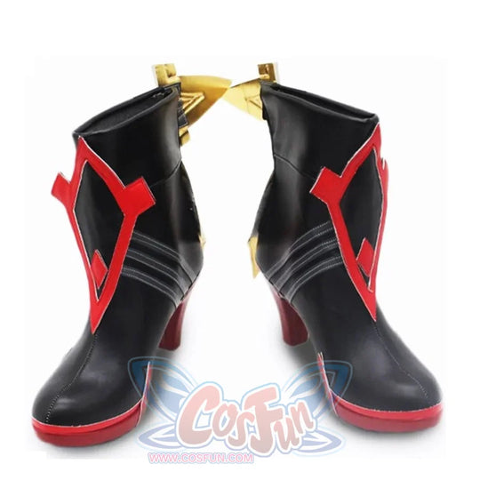 Genshin Impact Mavuika cosplay boots front view balances red jagged trim across black PU shafts above raised heels.