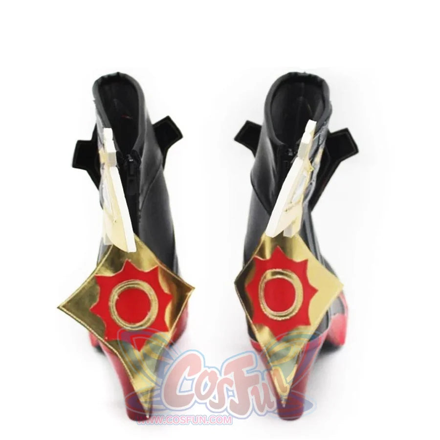 Genshin Impact Mavuika cosplay boots rear view centers gold-tone back plates above red heels and black shafts.