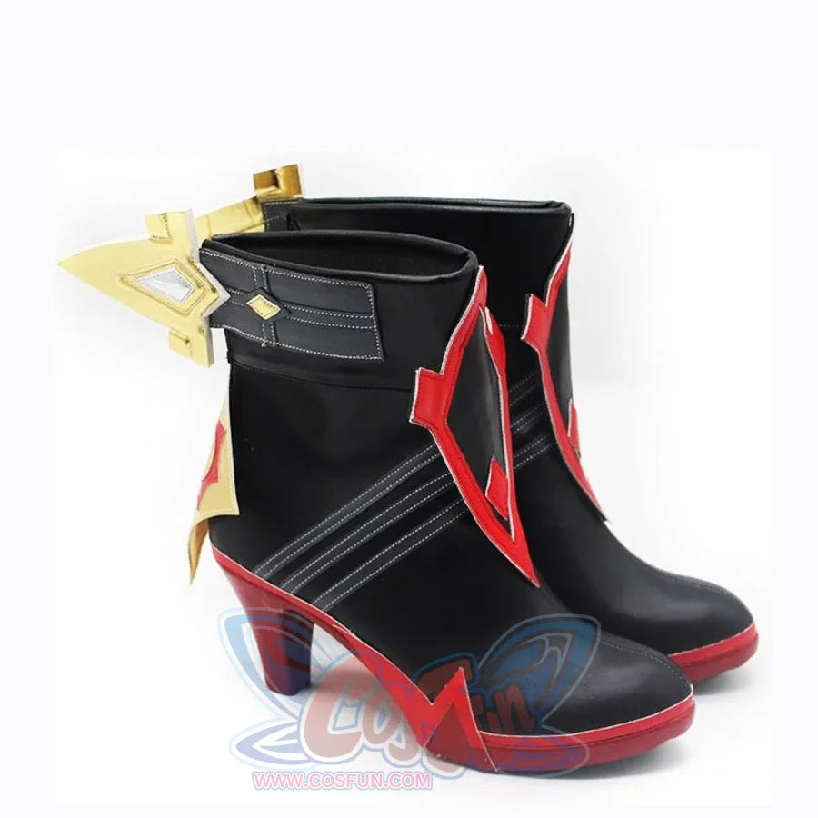 Genshin Impact Mavuika cosplay boots angle black PU shafts above red soles and gold-tone side fins.