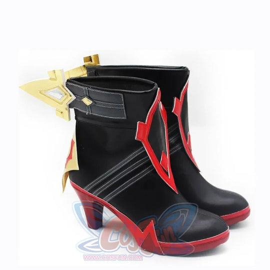 Genshin Impact Mavuika cosplay boots angle black PU shafts above red soles and gold-tone side fins.